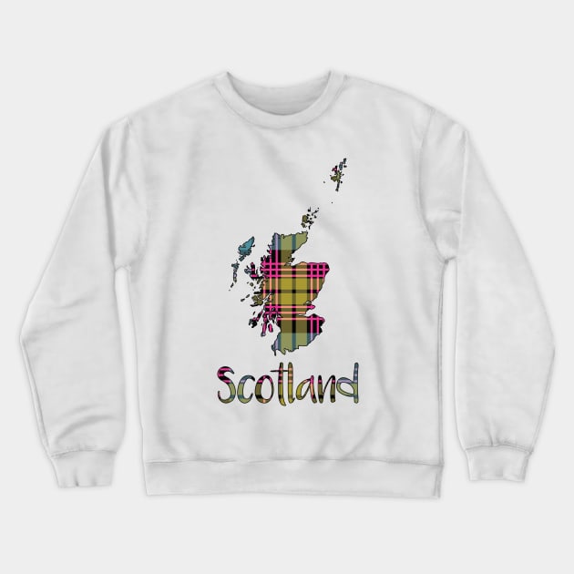 Scotland Pink, Blue and Yellow Tartan Map Typography Design Crewneck Sweatshirt by MacPean